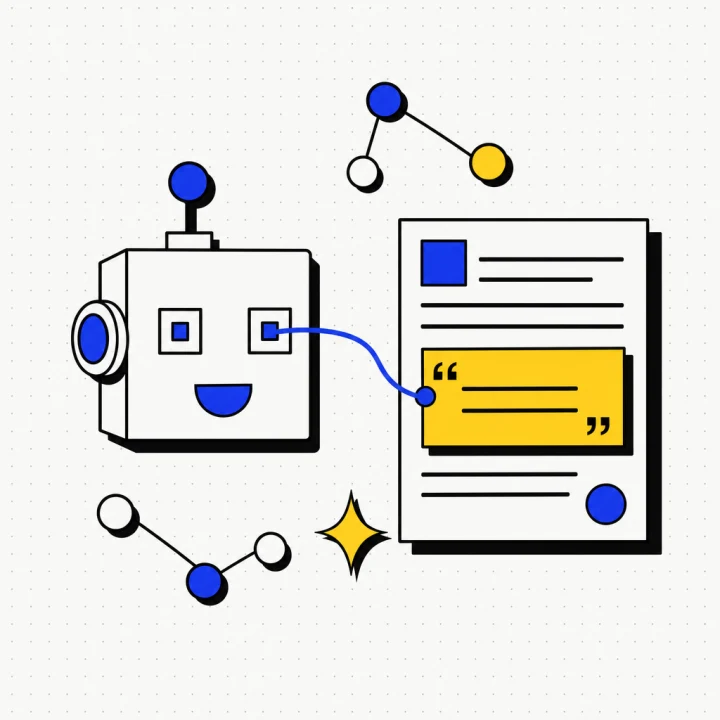 Illustration of an AI engine robot citing a highlighted passage from a document