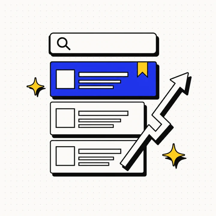 Illustration of a search results page with the top result highlighted in blue and an arrow climbing upward